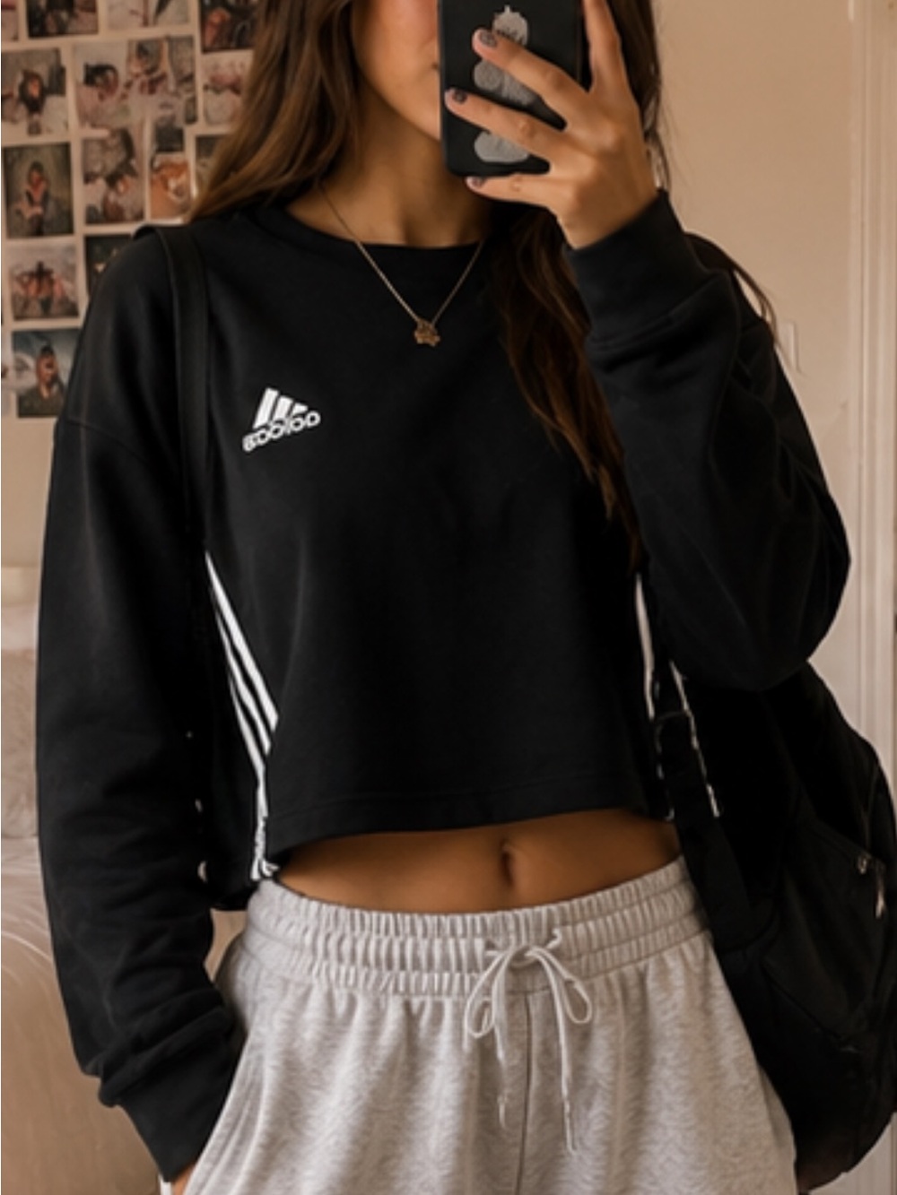 adidas Black Cropped Crew Sweatshirt with White Stripes